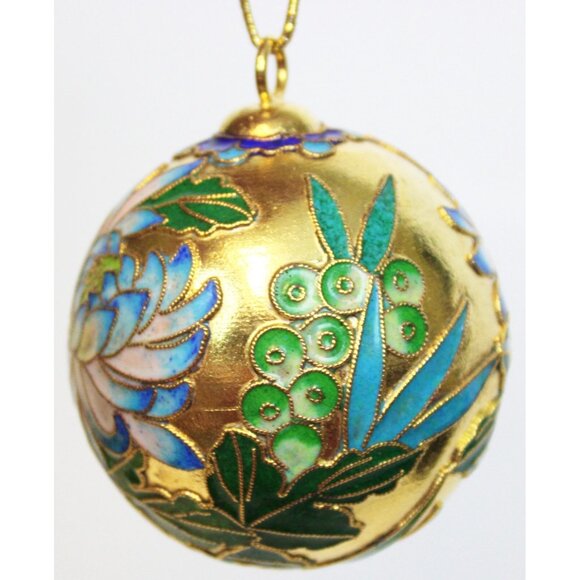 Gold Enameled Cloisonne Ball Ornament Water Lily Berries 2.5" Christmas Decor - Picture 4 of 8